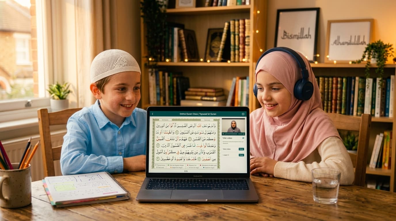 Muslim boy and girl learning Quran online on laptop